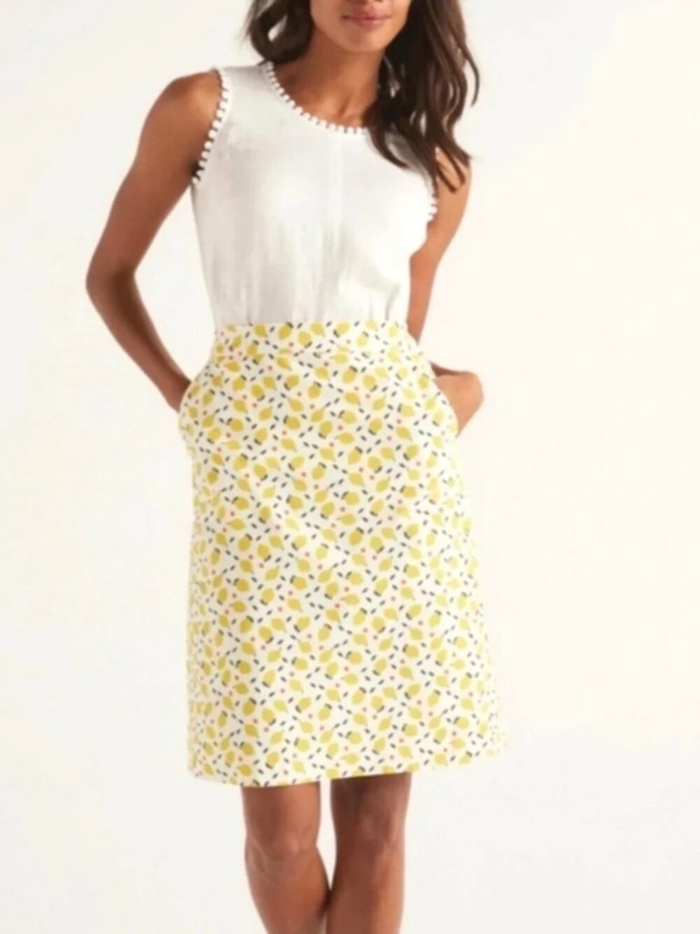 Boden Francesca Lemon Print 100% Cotton Lined Skirt Size 14 R